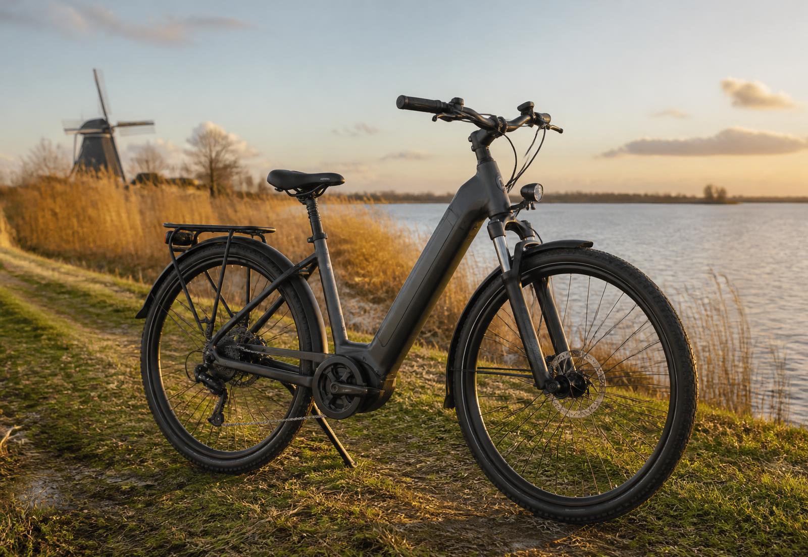 Stella Tierra Premium MDB FI e-bike op een dijkpad langs het Grevelingenmeer